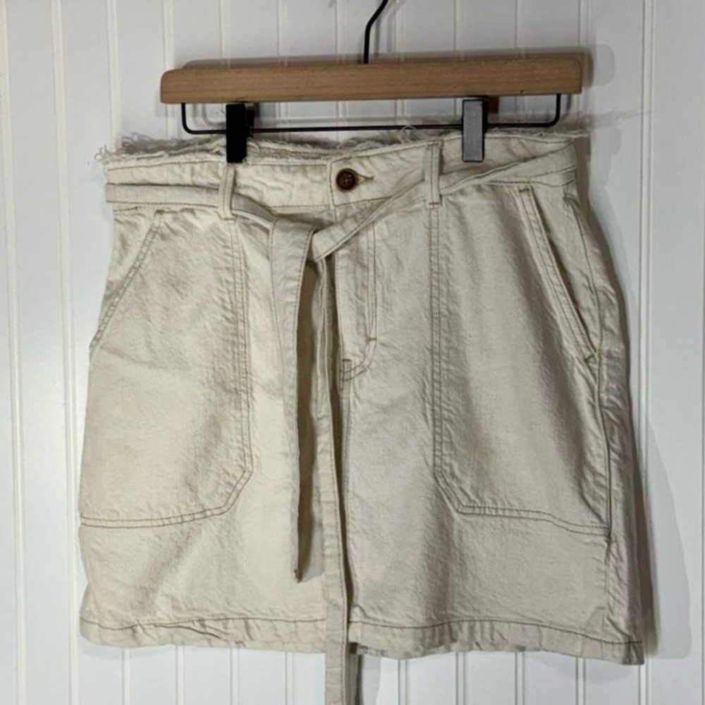 Free People Size 12 Cotton Linen Utility Mini Skirt Paperbag Waist Belted Cream